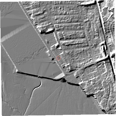 Shaded relief map of the ground around CH483JU, computed from Environment Agency LiDAR. The ground here sits at about 6 m above sea level and falls 15 m across the surrounding 800 m. Surface water reaching this point runs off ground lying to the east, 8.3 m higher.