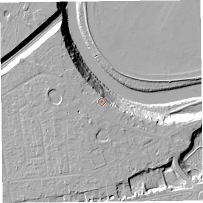 Shaded relief map of the ground around CH48AR, computed from Environment Agency LiDAR. The ground here sits at about 23 m above sea level and falls 23 m across the surrounding 800 m. Surface water reaching this point runs off ground lying to the west-south-west, 1.3 m higher.