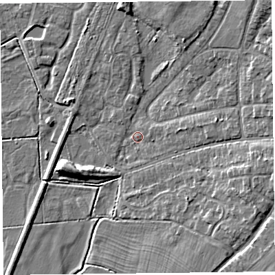 Shaded relief map of the ground around CH48BA, computed from Environment Agency LiDAR. The ground here sits at about 6 m above sea level and falls 8 m across the surrounding 800 m. Surface water reaching this point runs off ground lying to the east, 2.6 m higher.