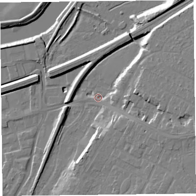 Shaded relief map of the ground around CH48BJ, computed from Environment Agency LiDAR. The ground here sits at about 7 m above sea level and falls 16 m across the surrounding 800 m. Surface water reaching this point runs off ground lying to the east-south-east, 11.2 m higher.