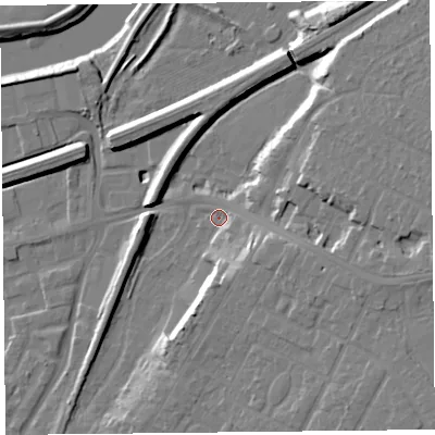 Shaded relief map of the ground around CH48BL, computed from Environment Agency LiDAR. The ground here sits at about 7 m above sea level and falls 16 m across the surrounding 800 m. Surface water reaching this point runs off ground lying to the east-south-east, 8.8 m higher.