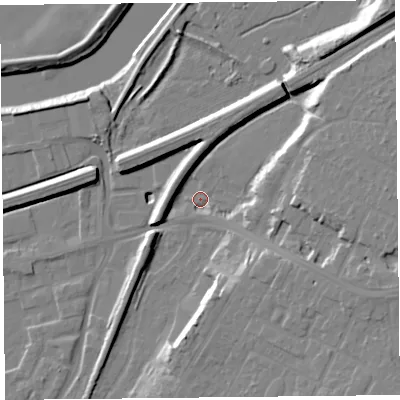 Shaded relief map of the ground around CH48BP, computed from Environment Agency LiDAR. The ground here sits at about 6 m above sea level and falls 16 m across the surrounding 800 m. Surface water reaching this point runs off ground lying to the east-north-east, 11.7 m higher.
