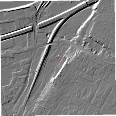 Shaded relief map of the ground around CH48BR, computed from Environment Agency LiDAR. The ground here sits at about 6 m above sea level and falls 15 m across the surrounding 800 m. Surface water reaching this point runs off ground lying to the east, 8.3 m higher.