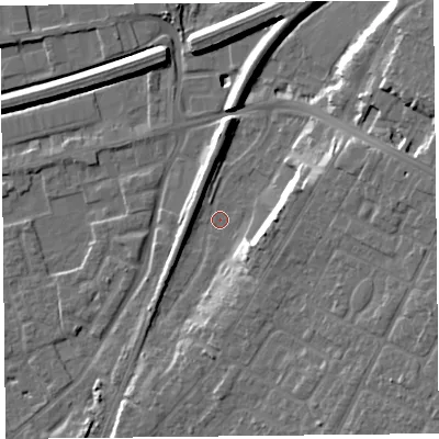 Shaded relief map of the ground around CH48BY, computed from Environment Agency LiDAR. The ground here sits at about 6 m above sea level and falls 14 m across the surrounding 800 m. Surface water reaching this point runs off ground lying to the east-north-east, 8.8 m higher.