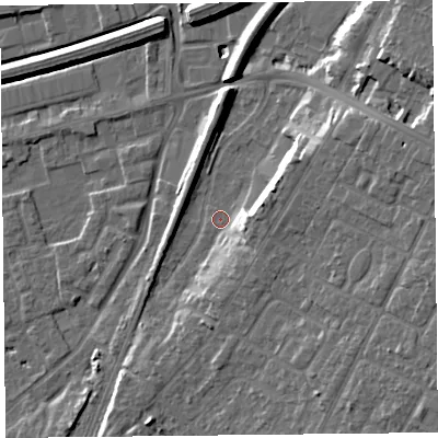 Shaded relief map of the ground around CH48BZ, computed from Environment Agency LiDAR. The ground here sits at about 6 m above sea level and falls 14 m across the surrounding 800 m. Surface water reaching this point runs off ground lying to the east-north-east, 8.6 m higher.