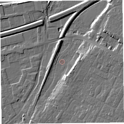 Shaded relief map of the ground around CH48DA, computed from Environment Agency LiDAR. The ground here sits at about 6 m above sea level and falls 15 m across the surrounding 800 m. Surface water reaching this point runs off ground lying to the east-south-east, 8.6 m higher.
