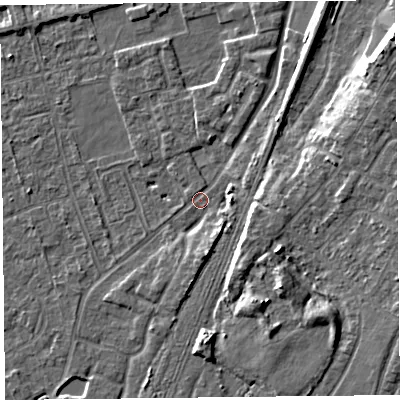 Shaded relief map of the ground around CH48LN, computed from Environment Agency LiDAR. The ground here sits at about 6 m above sea level and falls 11 m across the surrounding 800 m. Surface water reaching this point runs off ground lying to the east, 4.4 m higher.