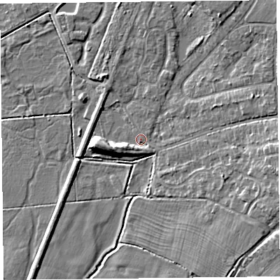 Shaded relief map of the ground around CH48LS, computed from Environment Agency LiDAR. The ground here sits at about 5 m above sea level and falls 7 m across the surrounding 800 m. Surface water reaching this point runs off ground lying to the west-south-west, 5.3 m higher.