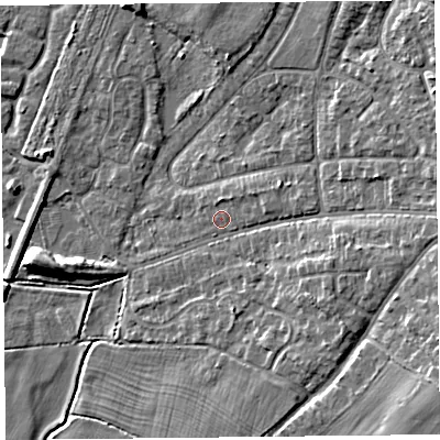 Shaded relief map of the ground around CH48LU, computed from Environment Agency LiDAR. The ground here sits at about 6 m above sea level and falls 9 m across the surrounding 800 m. Surface water reaching this point runs off ground lying to the north-east, 1.5 m higher.