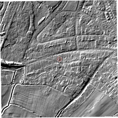 Shaded relief map of the ground around CH48LX, computed from Environment Agency LiDAR. The ground here sits at about 7 m above sea level and falls 10 m across the surrounding 800 m. Surface water reaching this point runs off ground lying to the east-south-east, 3.3 m higher.