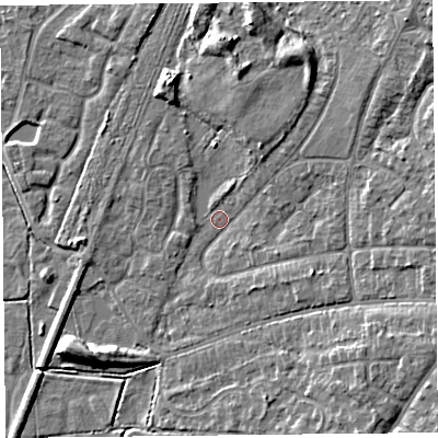 Shaded relief map of the ground around CH48NE, computed from Environment Agency LiDAR. The ground here sits at about 6 m above sea level and falls 9 m across the surrounding 800 m. Surface water reaching this point runs off ground lying to the north-east, 7.4 m higher.