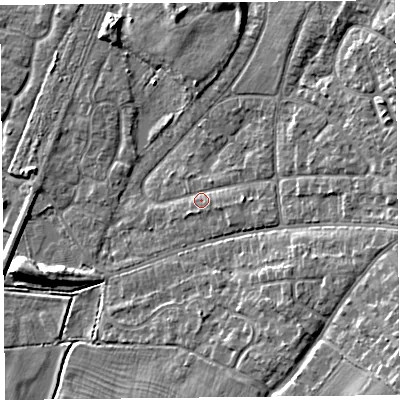 Shaded relief map of the ground around CH48NF, computed from Environment Agency LiDAR. The ground here sits at about 7 m above sea level and falls 10 m across the surrounding 800 m. Surface water reaching this point runs off ground lying to the north-east, 7.0 m higher.