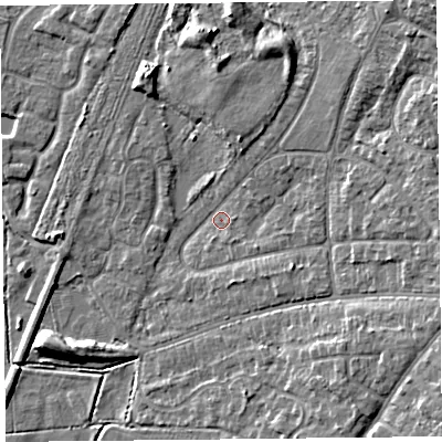 Shaded relief map of the ground around CH48NG, computed from Environment Agency LiDAR. The ground here sits at about 6 m above sea level and falls 10 m across the surrounding 800 m. Surface water reaching this point runs off ground lying to the north-east, 8.0 m higher.