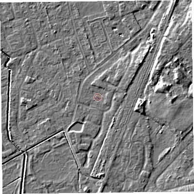 Shaded relief map of the ground around CH48PD, computed from Environment Agency LiDAR. The ground here sits at about 5 m above sea level and falls 9 m across the surrounding 800 m. Surface water reaching this point runs off ground lying to the north-north-east, 1.2 m higher.
