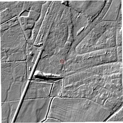 Shaded relief map of the ground around CH48PE, computed from Environment Agency LiDAR. The ground here sits at about 5 m above sea level and falls 7 m across the surrounding 800 m. Surface water reaching this point runs off ground lying to the north-east, 5.4 m higher.