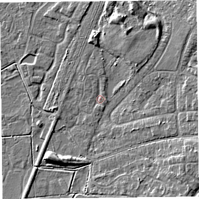 Shaded relief map of the ground around CH48PF, computed from Environment Agency LiDAR. The ground here sits at about 6 m above sea level and falls 8 m across the surrounding 800 m. Surface water reaching this point runs off ground lying to the north-north-west, 1.2 m higher.
