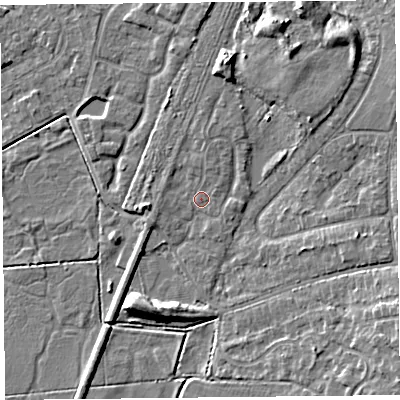 Shaded relief map of the ground around CH48PG, computed from Environment Agency LiDAR. The ground here sits at about 6 m above sea level and falls 8 m across the surrounding 800 m. Surface water reaching this point runs off ground lying to the north-north-east, 1.3 m higher.