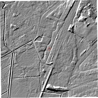 Shaded relief map of the ground around CH48PH, computed from Environment Agency LiDAR. The ground here sits at about 5 m above sea level and falls 9 m across the surrounding 800 m. Surface water reaching this point runs off ground lying to the north-north-east, 4.3 m higher.
