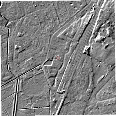 Shaded relief map of the ground around CH48PJ, computed from Environment Agency LiDAR. The ground here sits at about 5 m above sea level and falls 9 m across the surrounding 800 m. Surface water reaching this point runs off ground lying to the north-north-east, 1.6 m higher.