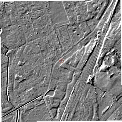 Shaded relief map of the ground around CH48PL, computed from Environment Agency LiDAR. The ground here sits at about 5 m above sea level and falls 9 m across the surrounding 800 m. Surface water reaching this point runs off ground lying to the east-north-east, 4.5 m higher.