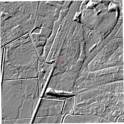 Shaded relief map of the ground around CH48PN, computed from Environment Agency LiDAR. The ground here sits at about 5 m above sea level and falls 8 m across the surrounding 800 m. Surface water reaching this point runs off ground lying to the north-north-east, 1.4 m higher.