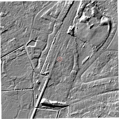 Shaded relief map of the ground around CH48PP, computed from Environment Agency LiDAR. The ground here sits at about 6 m above sea level and falls 8 m across the surrounding 800 m. Surface water reaching this point runs off ground lying to the north-north-east, 1.0 m higher.