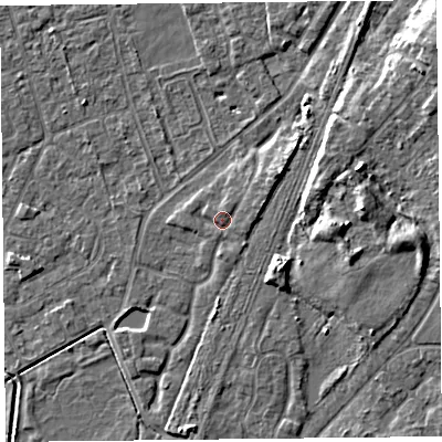 Shaded relief map of the ground around CH48PQ, computed from Environment Agency LiDAR. The ground here sits at about 6 m above sea level and falls 8 m across the surrounding 800 m. Surface water reaching this point runs off ground lying to the east-north-east, 2.0 m higher.