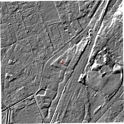 Shaded relief map of the ground around CH48PR, computed from Environment Agency LiDAR. The ground here sits at about 6 m above sea level and falls 9 m across the surrounding 800 m. Surface water reaching this point runs off ground lying to the east, 1.2 m higher.