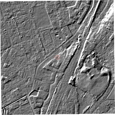 Shaded relief map of the ground around CH48PS, computed from Environment Agency LiDAR. The ground here sits at about 6 m above sea level and falls 8 m across the surrounding 800 m. Surface water reaching this point runs off ground lying to the east-south-east, 2.2 m higher.