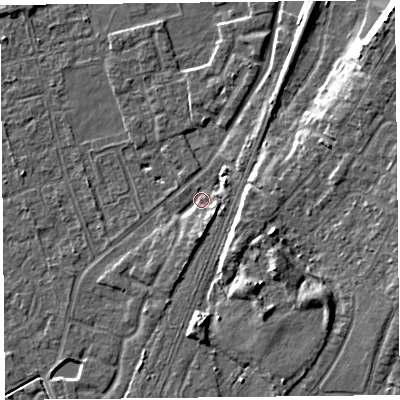 Shaded relief map of the ground around CH48PT, computed from Environment Agency LiDAR. The ground here sits at about 6 m above sea level and falls 11 m across the surrounding 800 m. Surface water reaching this point runs off ground lying to the south, 3.5 m higher.