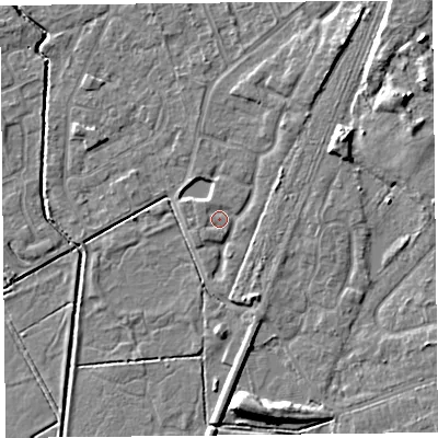 Shaded relief map of the ground around CH48PU, computed from Environment Agency LiDAR. The ground here sits at about 5 m above sea level and falls 9 m across the surrounding 800 m. Surface water reaching this point runs off ground lying to the north-east, 4.0 m higher.