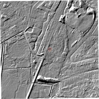 Shaded relief map of the ground around CH48PW, computed from Environment Agency LiDAR. The ground here sits at about 5 m above sea level and falls 9 m across the surrounding 800 m. Surface water reaching this point runs off ground lying to the north-north-east, 1.2 m higher.