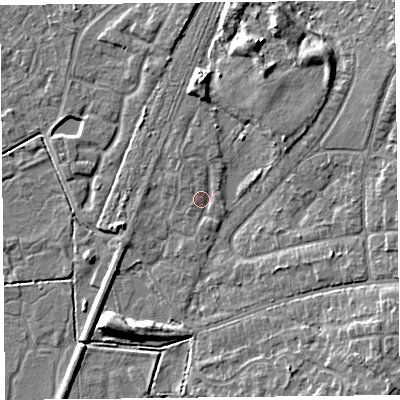 Shaded relief map of the ground around CH48PZ, computed from Environment Agency LiDAR. The ground here sits at about 6 m above sea level and falls 8 m across the surrounding 800 m. Surface water reaching this point runs off ground lying to the north-north-west, 1.2 m higher.