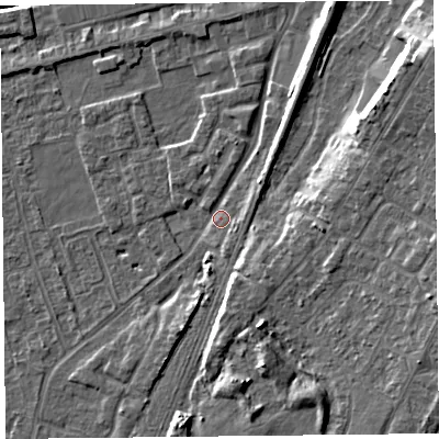 Shaded relief map of the ground around CH48QD, computed from Environment Agency LiDAR. The ground here sits at about 6 m above sea level and falls 11 m across the surrounding 800 m. Surface water reaching this point runs off ground lying to the north-east, 2.9 m higher.