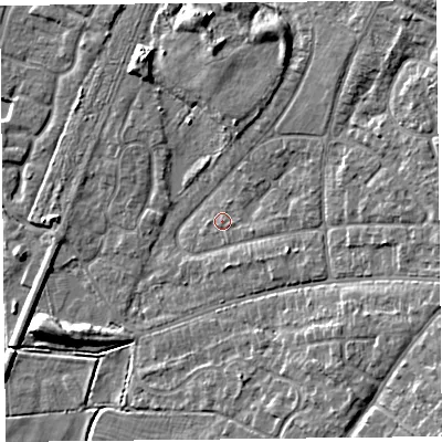 Shaded relief map of the ground around CH48QU, computed from Environment Agency LiDAR. The ground here sits at about 6 m above sea level and falls 10 m across the surrounding 800 m. Surface water reaching this point runs off ground lying to the north-east, 6.5 m higher.