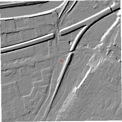 Shaded relief map of the ground around CH48RD, computed from Environment Agency LiDAR. The ground here sits at about 6 m above sea level and falls 14 m across the surrounding 800 m. Surface water reaching this point runs off ground lying to the east-north-east, 13.1 m higher.
