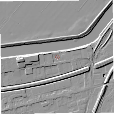 Shaded relief map of the ground around CH48RH, computed from Environment Agency LiDAR. The ground here sits at about 6 m above sea level and falls 14 m across the surrounding 800 m. Surface water reaching this point runs off ground lying to the west, 5.7 m higher.
