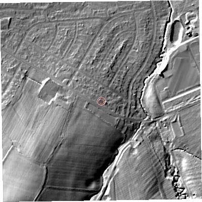 Shaded relief map of the ground around CH491RZ, computed from Environment Agency LiDAR. The ground here sits at about 32 m above sea level and falls 31 m across the surrounding 800 m. Surface water reaching this point runs off ground lying to the south-west, 14.0 m higher.