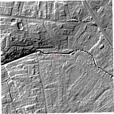 Shaded relief map of the ground around CH492NF, computed from Environment Agency LiDAR. The ground here sits at about 14 m above sea level and falls 10 m across the surrounding 800 m. Surface water reaching this point runs off ground lying to the south, 4.8 m higher.