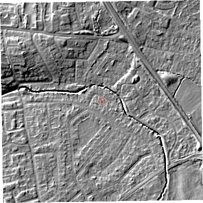 Shaded relief map of the ground around CH492NH, computed from Environment Agency LiDAR. The ground here sits at about 15 m above sea level and falls 9 m across the surrounding 800 m. Surface water reaching this point runs off ground lying to the south-east, 1.7 m higher.