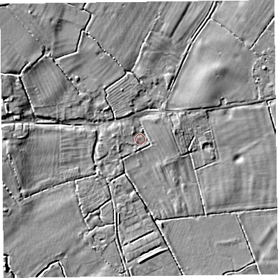 Shaded relief map of the ground around CH49AE, computed from Environment Agency LiDAR. The ground here sits at about 12 m above sea level and falls 7 m across the surrounding 800 m. Surface water reaching this point runs off ground lying to the north-west, 4.9 m higher.