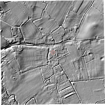 Shaded relief map of the ground around CH49AG, computed from Environment Agency LiDAR. The ground here sits at about 12 m above sea level and falls 8 m across the surrounding 800 m. Surface water reaching this point runs off ground lying to the north-east, 0.7 m higher.