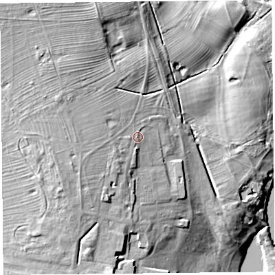 Shaded relief map of the ground around CH49JF, computed from Environment Agency LiDAR. The ground here sits at about 20 m above sea level and falls 22 m across the surrounding 800 m. Surface water reaching this point runs off ground lying to the west-south-west, 4.1 m higher.