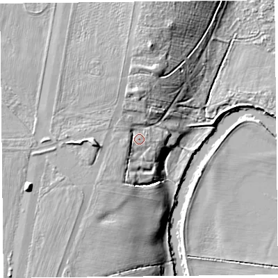 Shaded relief map of the ground around CH49JH, computed from Environment Agency LiDAR. The ground here sits at about 13 m above sea level and falls 13 m across the surrounding 800 m. Surface water reaching this point runs off ground lying to the west, 5.2 m higher.