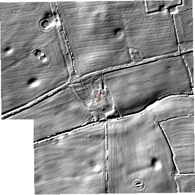 Shaded relief map of the ground around CH49JN, computed from Environment Agency LiDAR. The ground here sits at about 16 m above sea level and falls 14 m across the surrounding 800 m. Surface water reaching this point runs off ground lying to the east-north-east, 6.5 m higher.