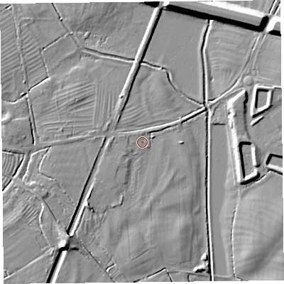 Shaded relief map of the ground around CH49LE, computed from Environment Agency LiDAR. The ground here sits at about 5 m above sea level and falls 9 m across the surrounding 800 m. Surface water reaching this point runs off ground lying to the south-west, 6.8 m higher.