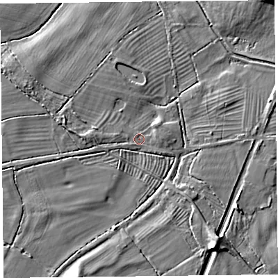 Shaded relief map of the ground around CH49LF, computed from Environment Agency LiDAR. The ground here sits at about 8 m above sea level and falls 11 m across the surrounding 800 m. Surface water reaching this point runs off ground lying to the west-north-west, 3.6 m higher.