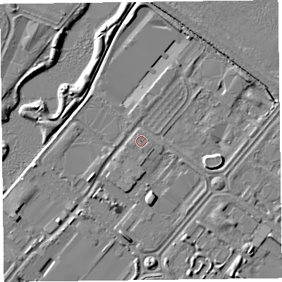 Shaded relief map of the ground around CH52NX, computed from Environment Agency LiDAR. The ground here sits at about 6 m above sea level and falls 6 m across the surrounding 800 m. The ground contributing surface water to this point lies to the south.