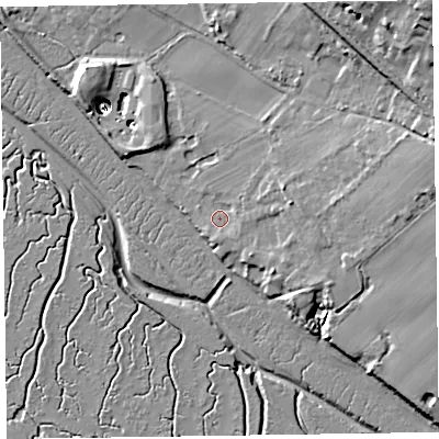 Shaded relief map of the ground around CH609JU, computed from Environment Agency LiDAR. The ground here sits at about 8 m above sea level and falls 42 m across the surrounding 800 m. Surface water reaching this point runs off ground lying to the east-north-east, 13.0 m higher.