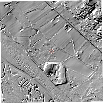 Shaded relief map of the ground around CH609LB, computed from Environment Agency LiDAR. The ground here sits at about 8 m above sea level and falls 66 m across the surrounding 800 m. Surface water reaching this point runs off ground lying to the east-north-east, 29.8 m higher.